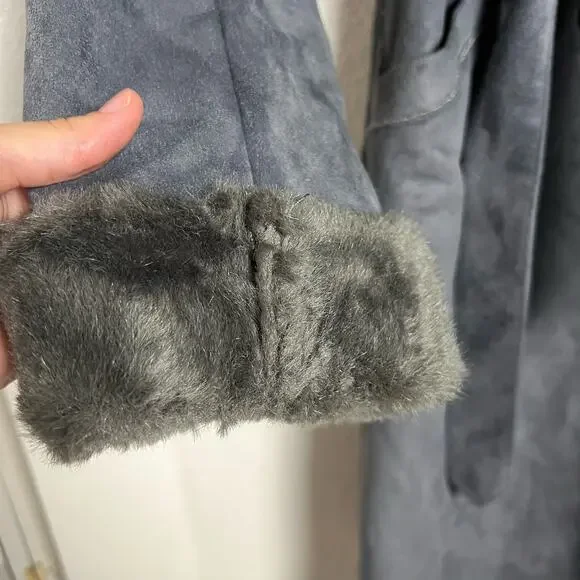 Balmain Authentic Gray Faux Fur Lined Faux Suede Belted Winter Coat Size Small